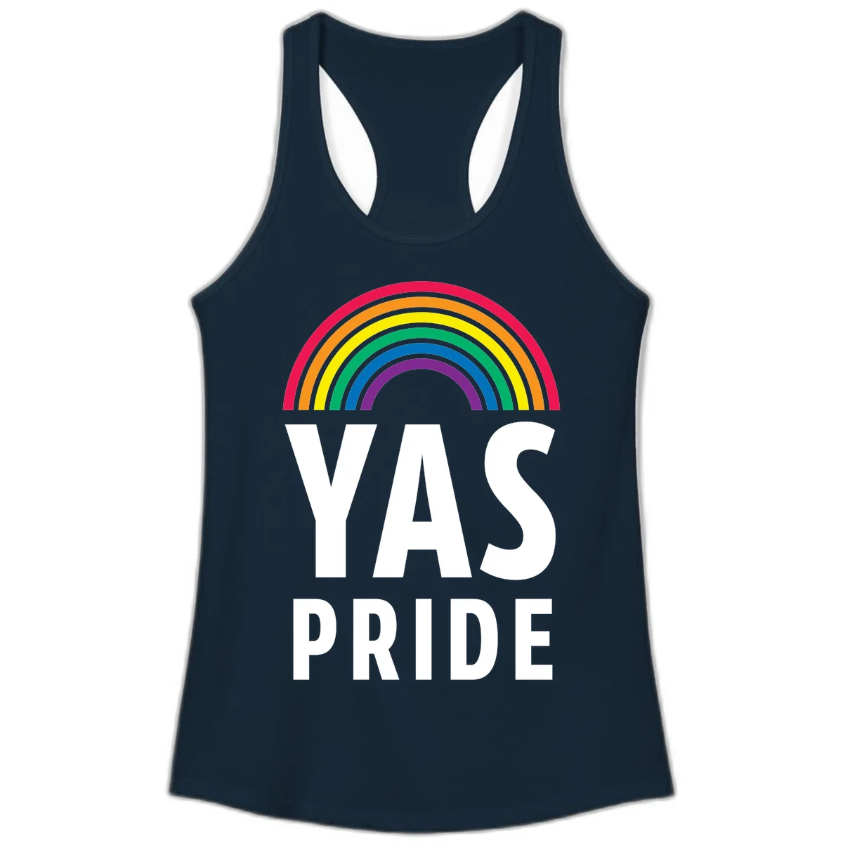 Yas pride rainbow design featuring colorful concentric rainbow arc above bold white text reading 'YAS PRIDE' on gray background in Solid Midnight Navy