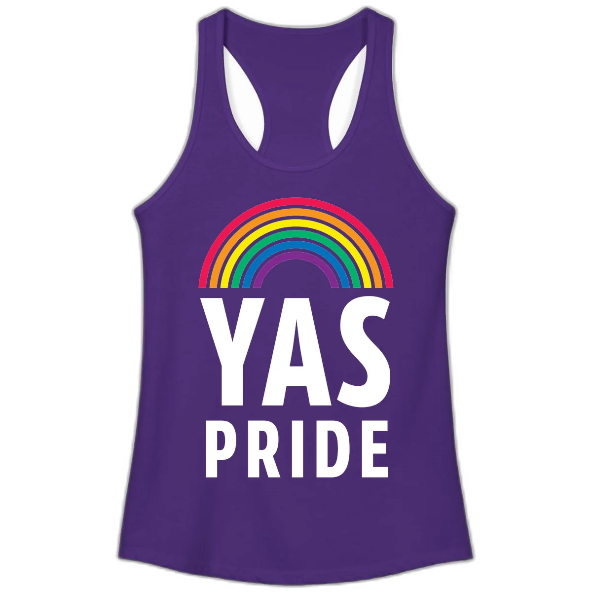 Yas pride rainbow design featuring colorful concentric rainbow arc above bold white text reading 'YAS PRIDE' on gray background in Solid Purple Rush