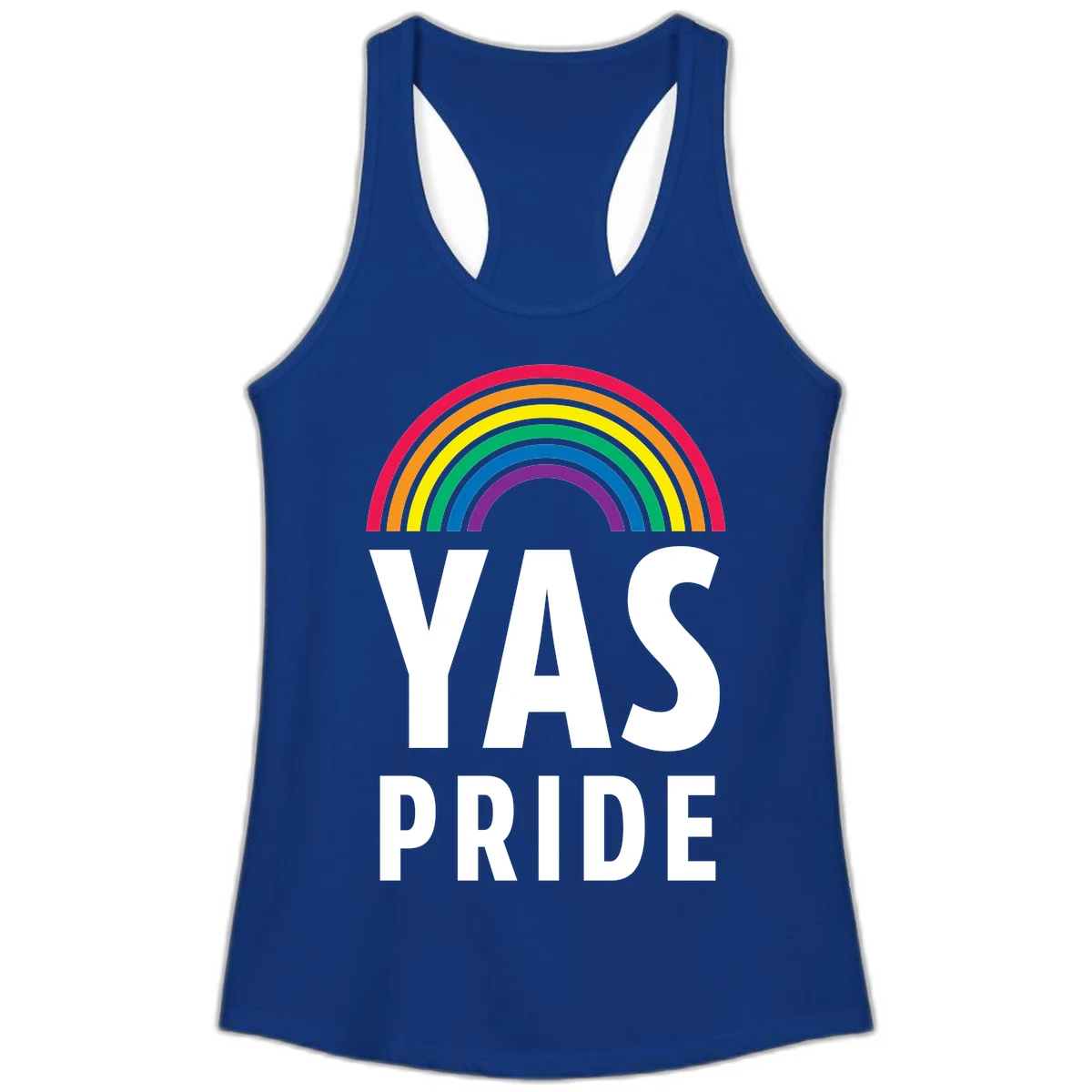 Yas pride rainbow design featuring colorful concentric rainbow arc above bold white text reading 'YAS PRIDE' on gray background in Solid Royal