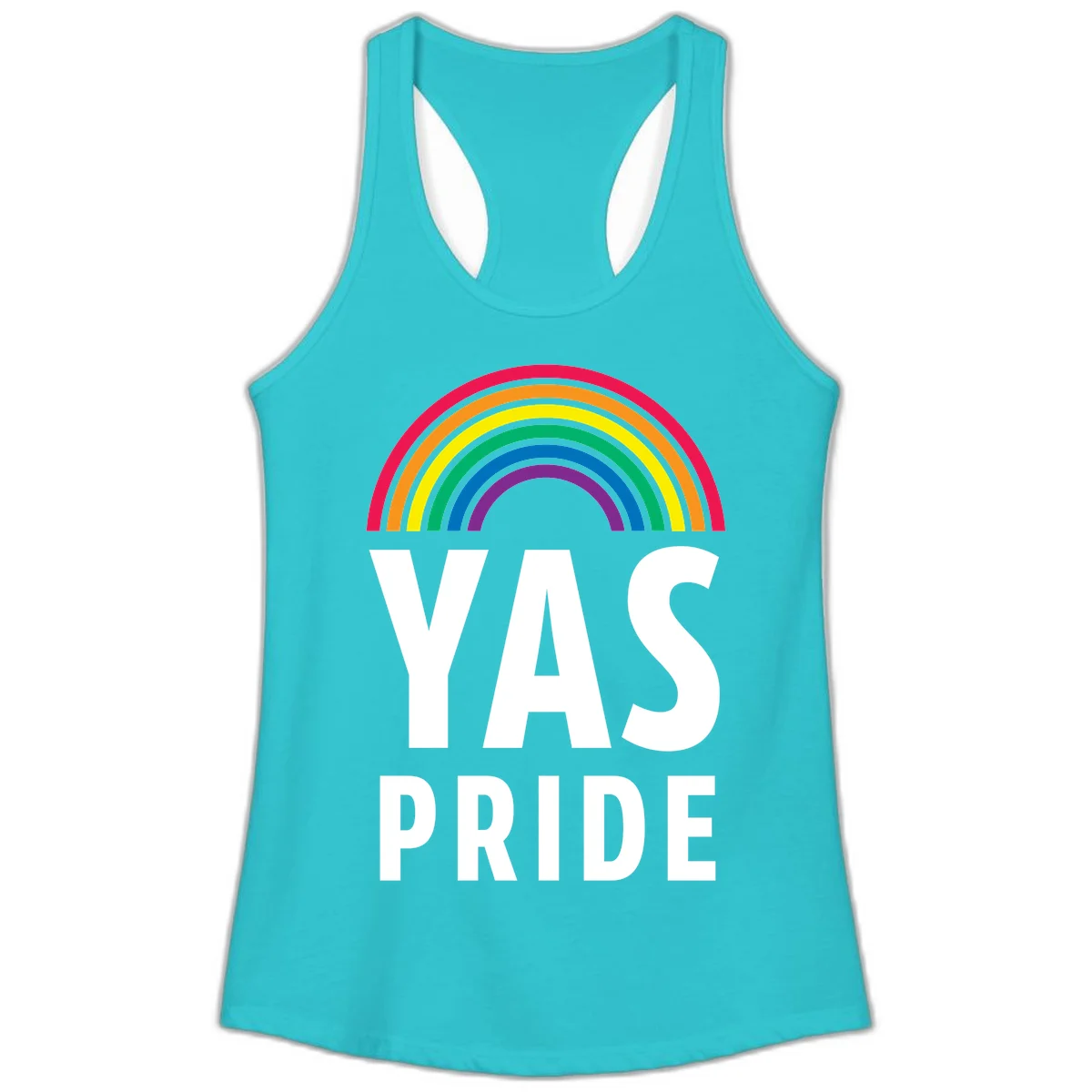 Yas pride rainbow design featuring colorful concentric rainbow arc above bold white text reading 'YAS PRIDE' on gray background in Solid Tahiti Blue