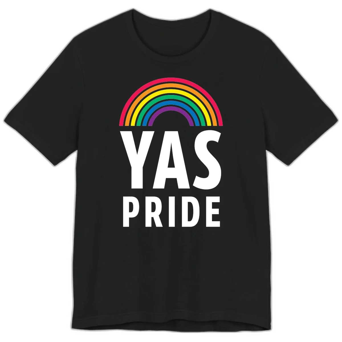 Yas pride rainbow design featuring colorful concentric rainbow arc above bold white text reading 'YAS PRIDE' on gray background in Black