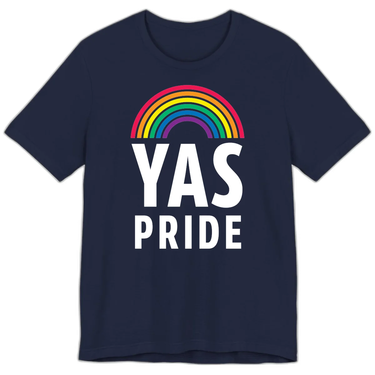 Yas pride rainbow design featuring colorful concentric rainbow arc above bold white text reading 'YAS PRIDE' on gray background in Navy