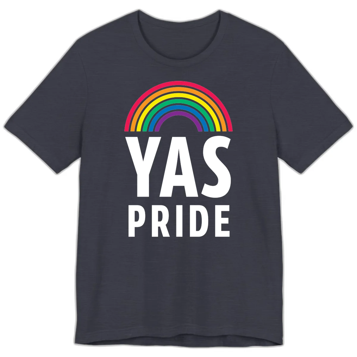 Yas pride rainbow design featuring colorful concentric rainbow arc above bold white text reading 'YAS PRIDE' on gray background in Heather Midnight Navy