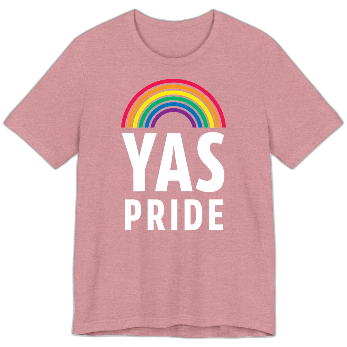Yas pride rainbow design featuring colorful concentric rainbow arc above bold white text reading 'YAS PRIDE' on gray background in Heather Orchid