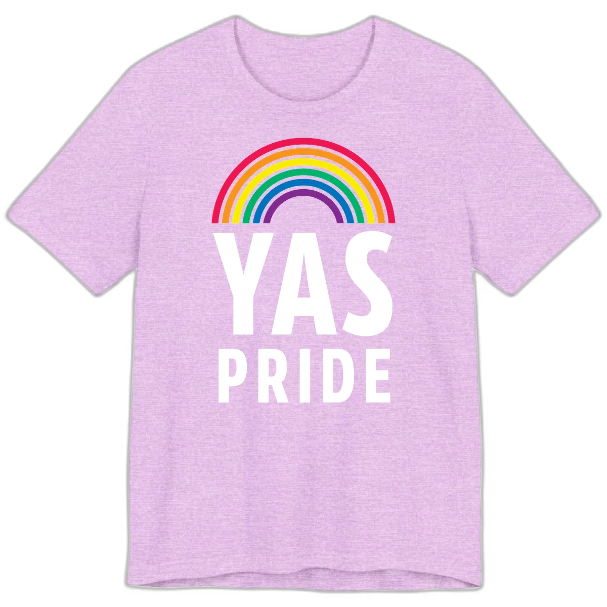 Yas pride rainbow design featuring colorful concentric rainbow arc above bold white text reading 'YAS PRIDE' on gray background in Heather Prism Lilac
