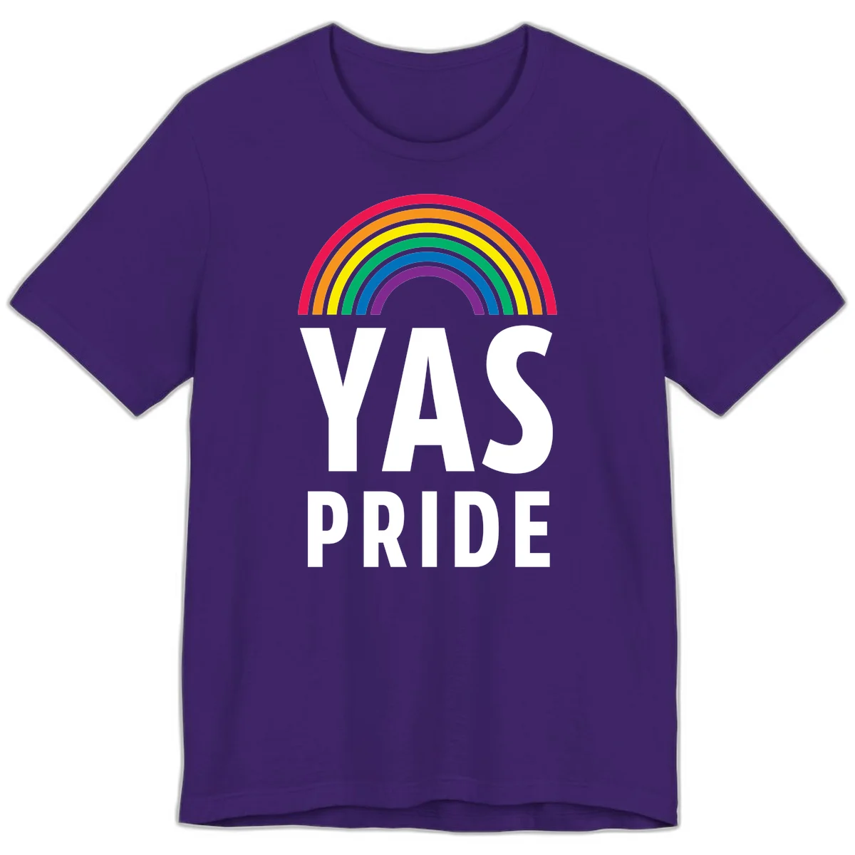 Yas pride rainbow design featuring colorful concentric rainbow arc above bold white text reading 'YAS PRIDE' on gray background in Team Purple