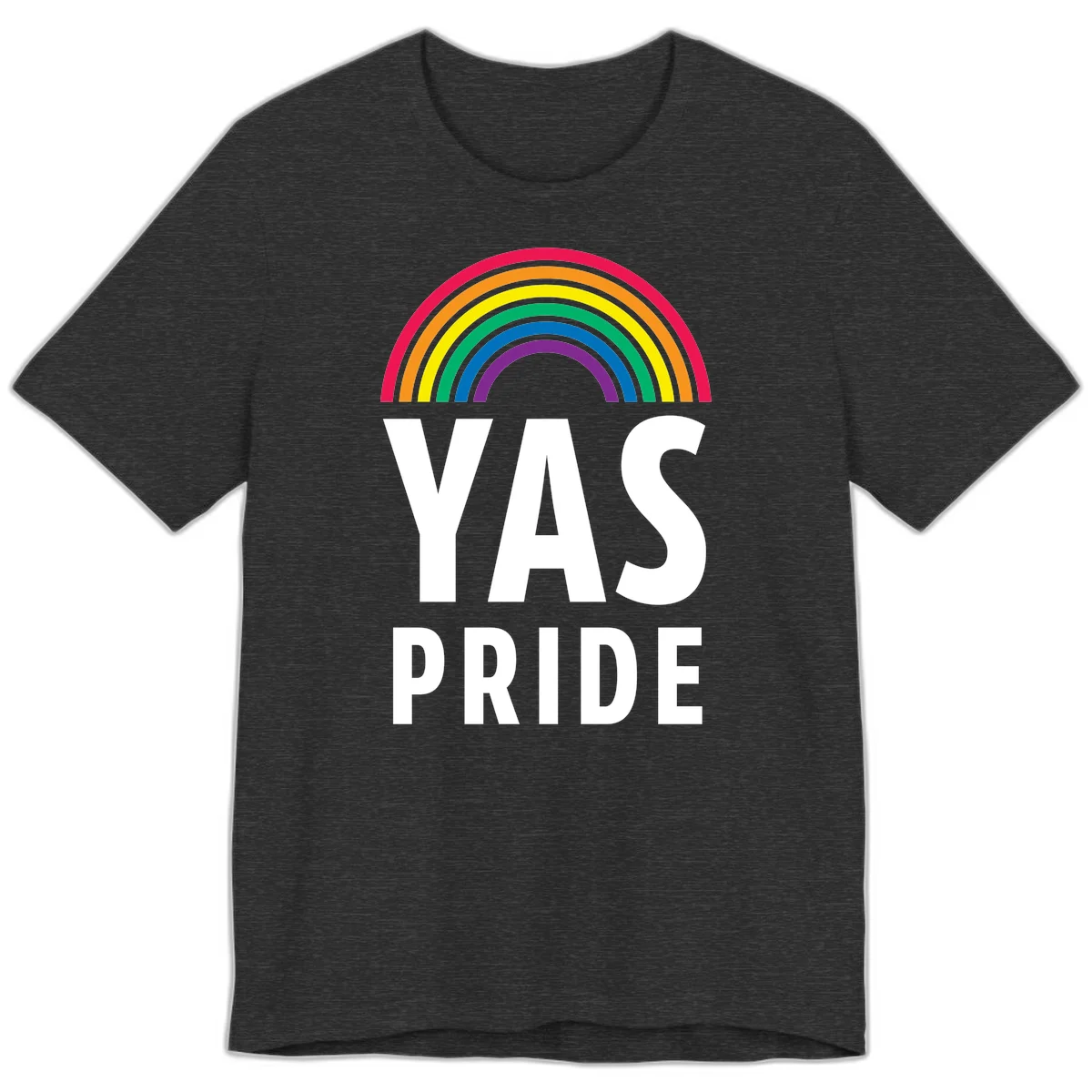 Yas pride rainbow design featuring colorful concentric rainbow arc above bold white text reading 'YAS PRIDE' on gray background in Dark Grey Heather