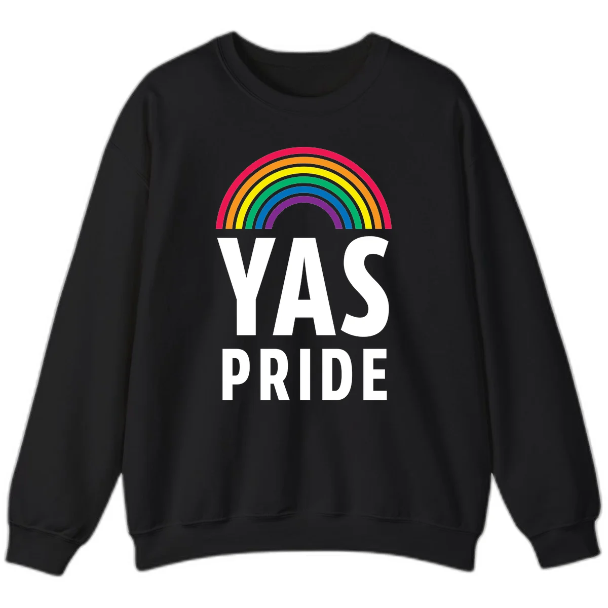 Yas pride rainbow design featuring colorful concentric rainbow arc above bold white text reading 'YAS PRIDE' on gray background in Black