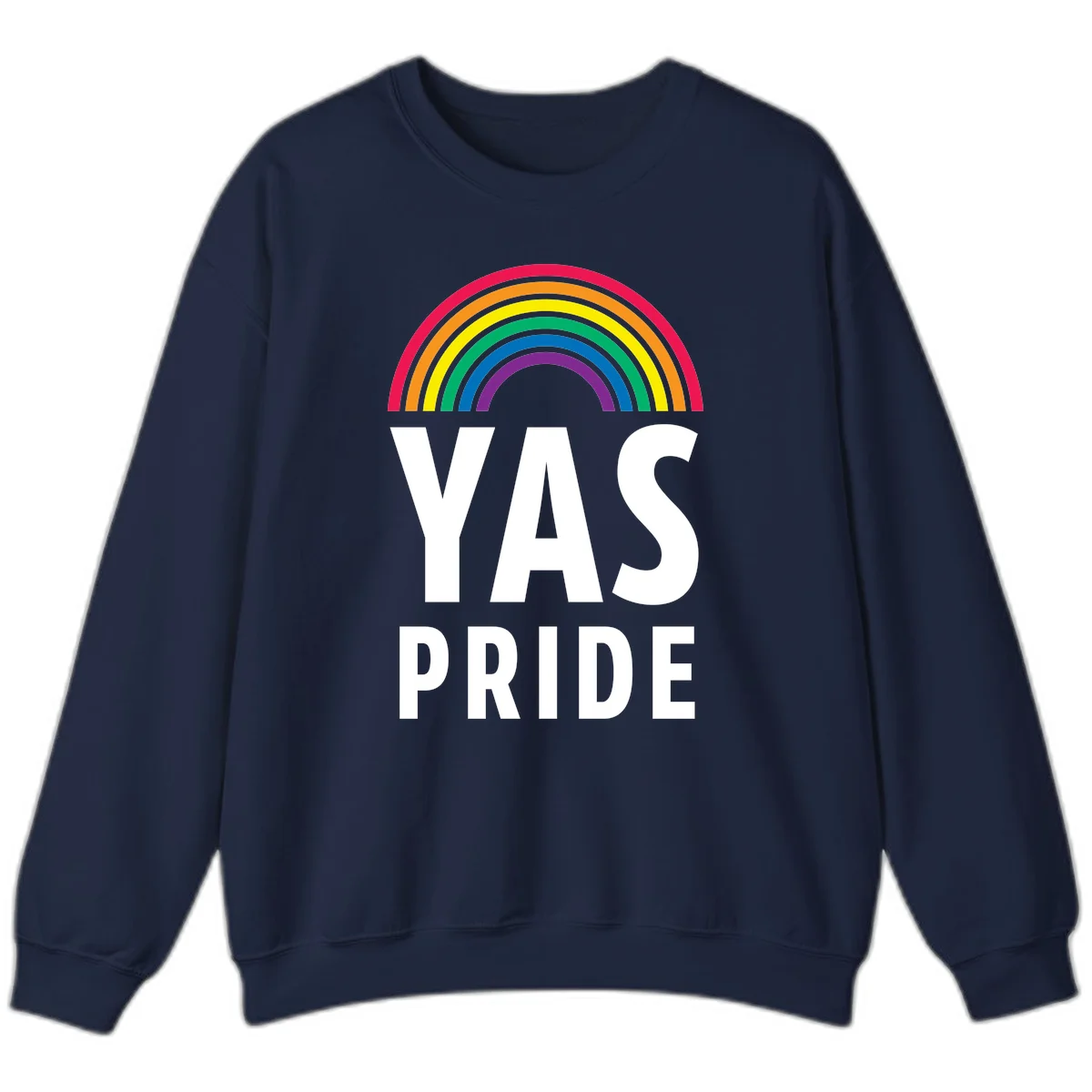 Yas pride rainbow design featuring colorful concentric rainbow arc above bold white text reading 'YAS PRIDE' on gray background in Navy