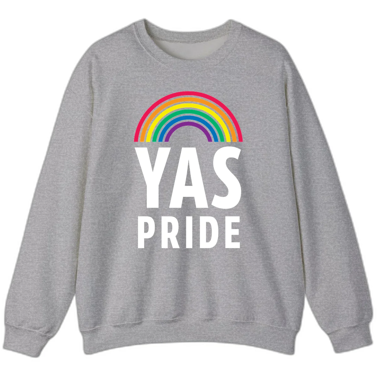 Yas pride rainbow design featuring colorful concentric rainbow arc above bold white text reading 'YAS PRIDE' on gray background in Sport Grey