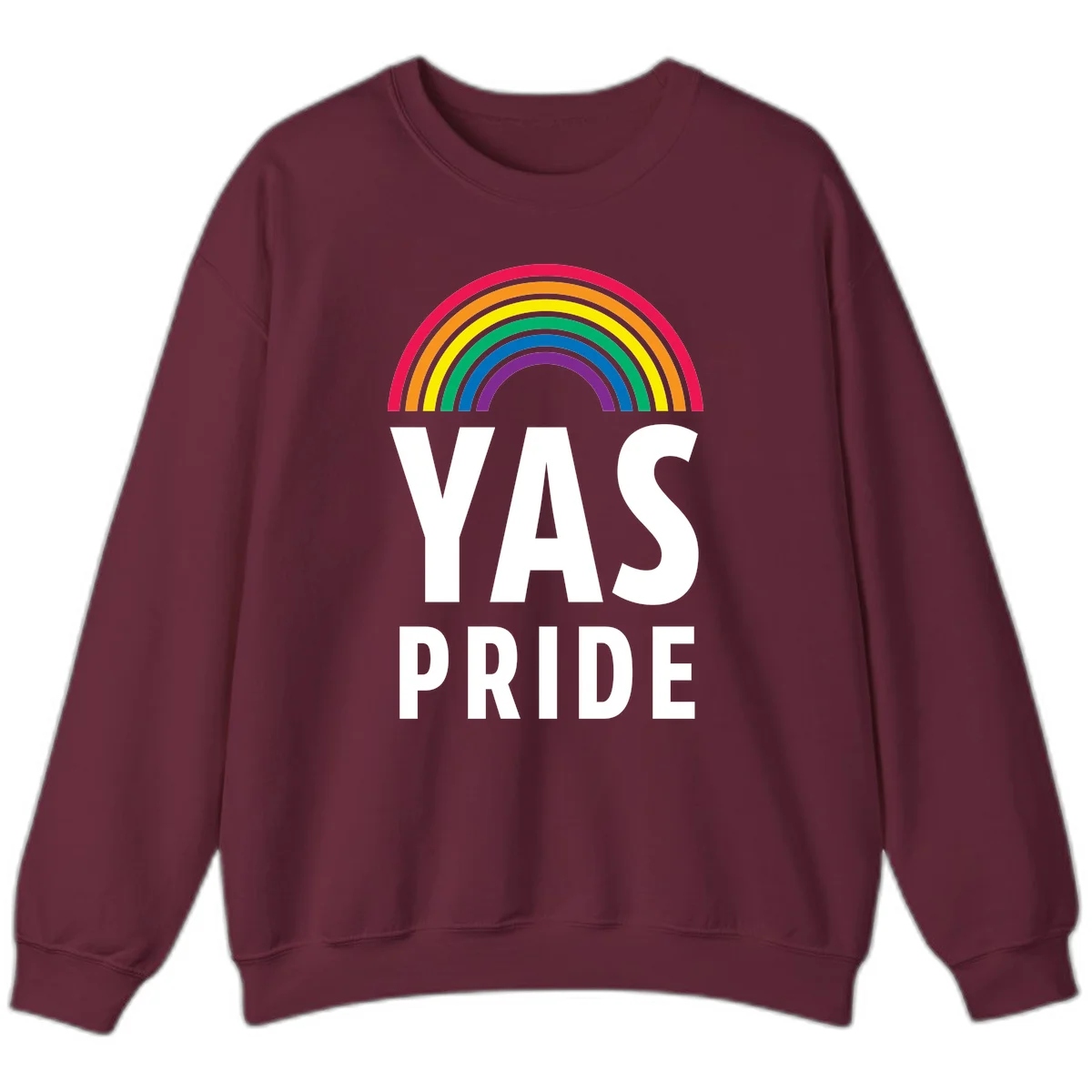 Yas pride rainbow design featuring colorful concentric rainbow arc above bold white text reading 'YAS PRIDE' on gray background in Maroon