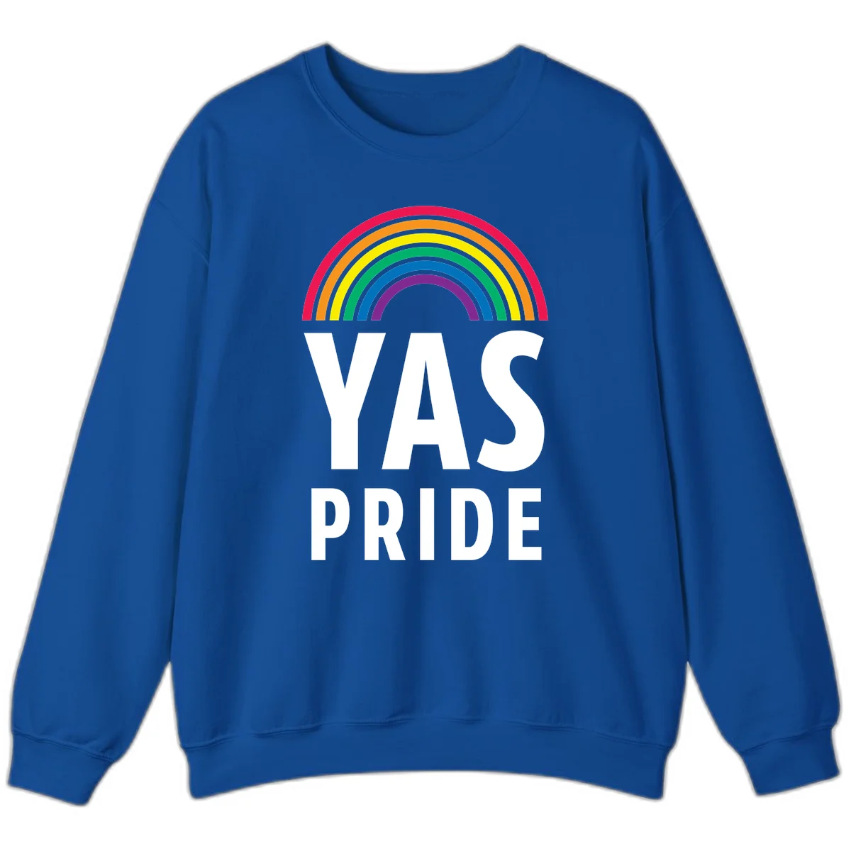Yas pride rainbow design featuring colorful concentric rainbow arc above bold white text reading 'YAS PRIDE' on gray background in Royal