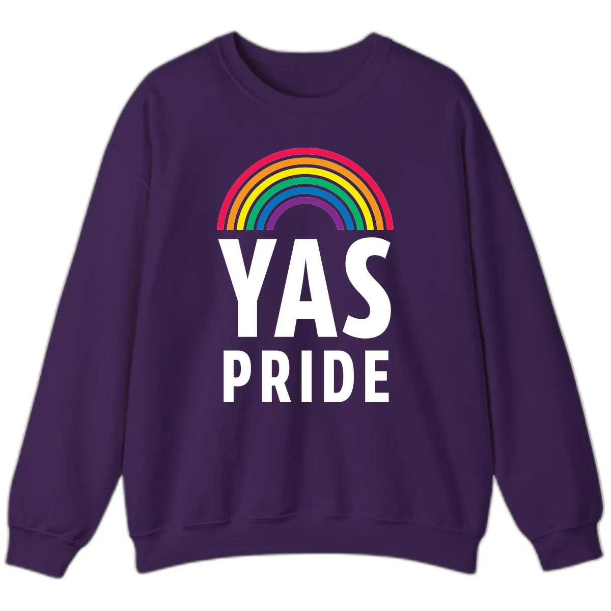 Yas pride rainbow design featuring colorful concentric rainbow arc above bold white text reading 'YAS PRIDE' on gray background in Purple
