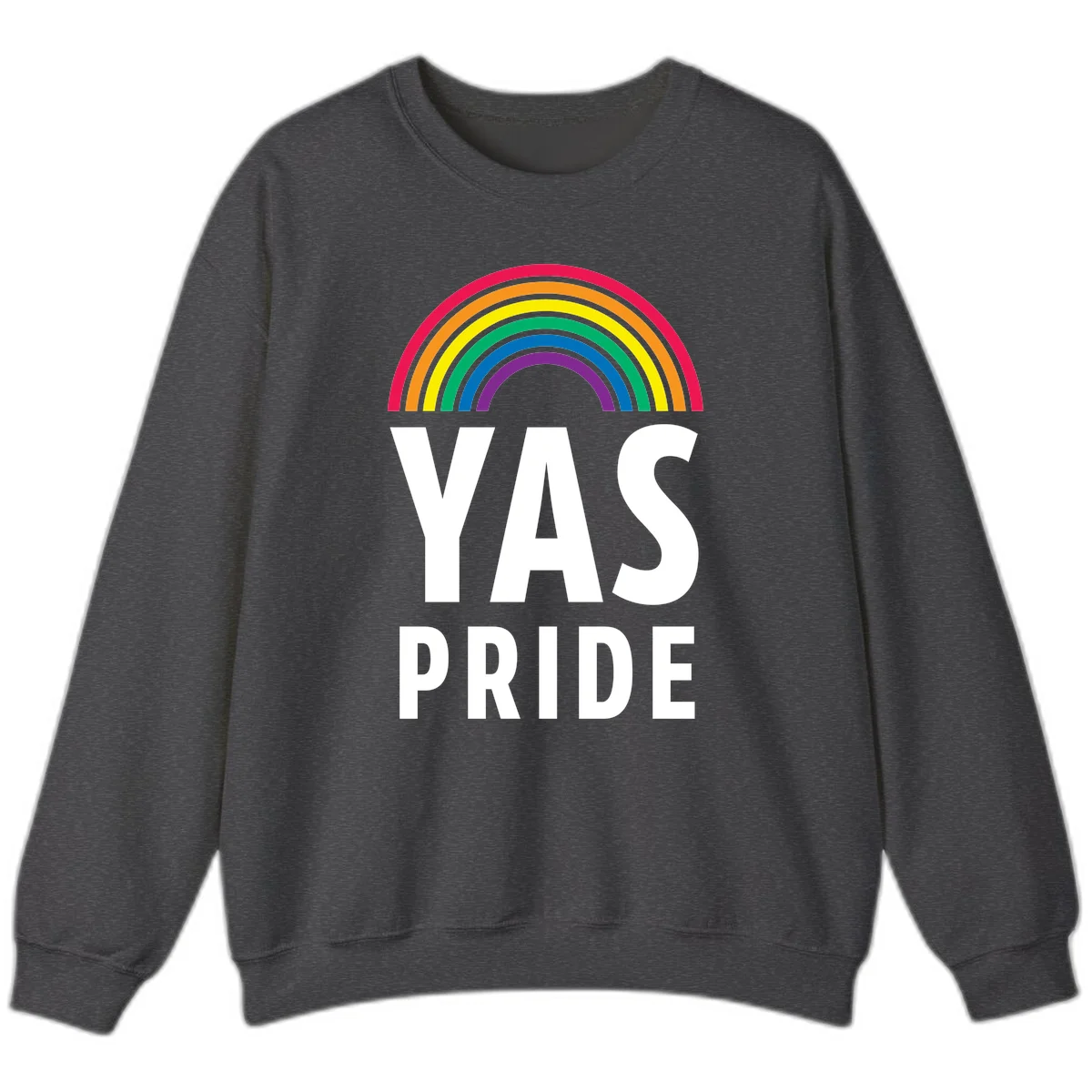 Yas pride rainbow design featuring colorful concentric rainbow arc above bold white text reading 'YAS PRIDE' on gray background in Dark Heather