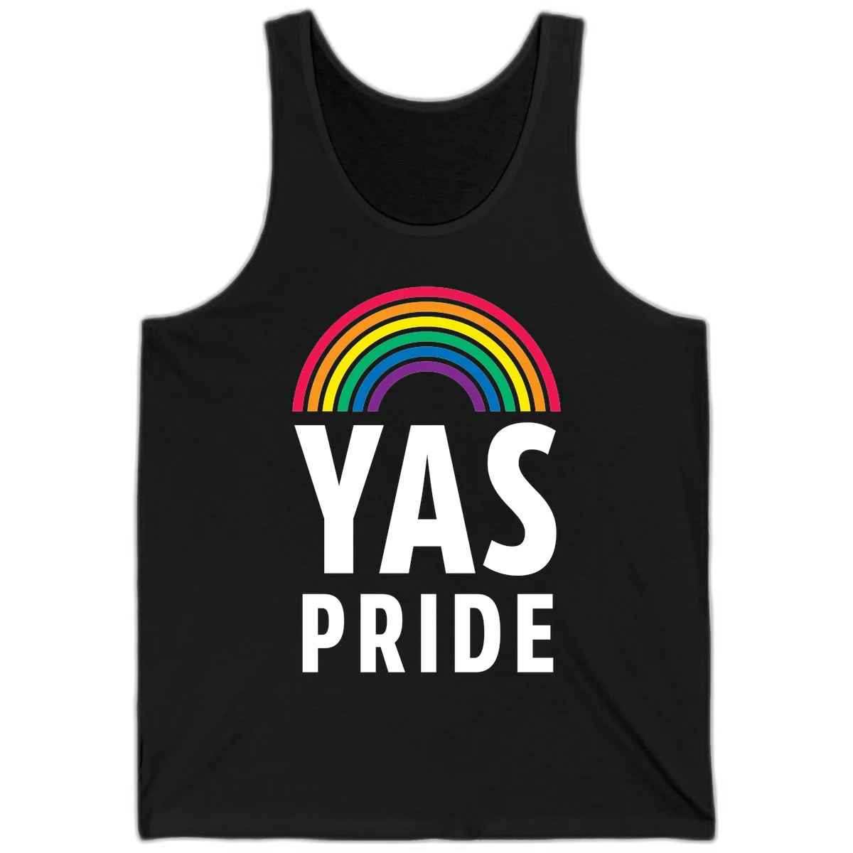 Yas pride rainbow design featuring colorful concentric rainbow arc above bold white text reading 'YAS PRIDE' on gray background in Black