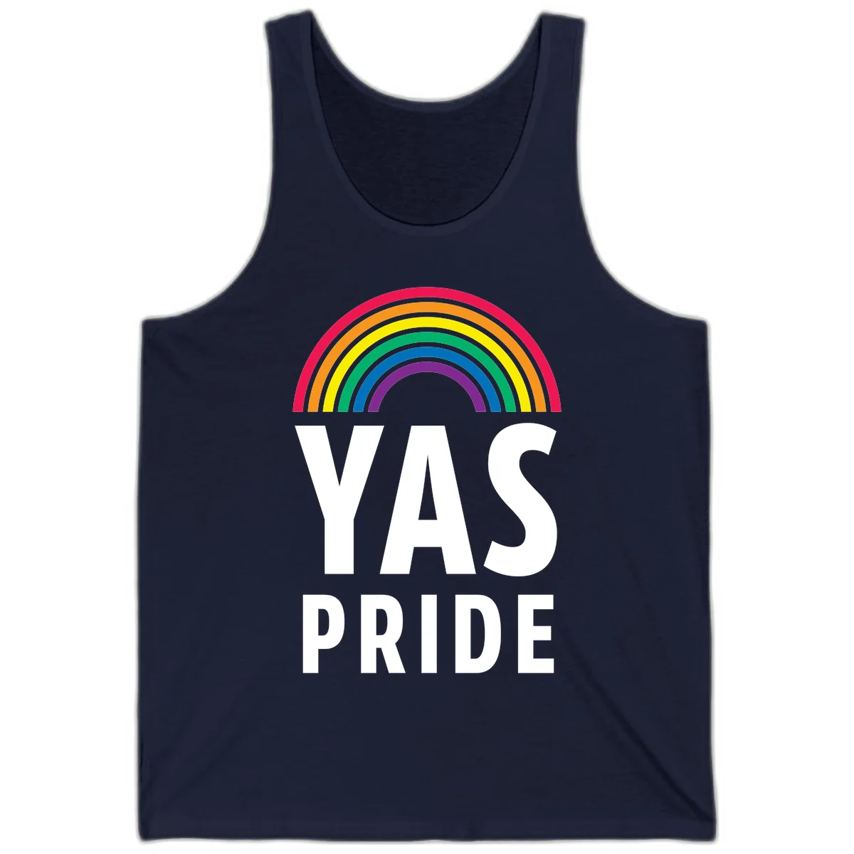 Yas pride rainbow design featuring colorful concentric rainbow arc above bold white text reading 'YAS PRIDE' on gray background in Navy
