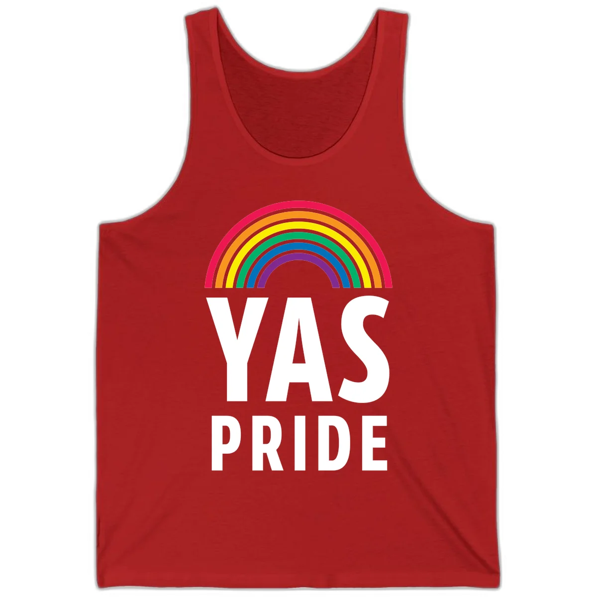 Yas pride rainbow design featuring colorful concentric rainbow arc above bold white text reading 'YAS PRIDE' on gray background in Red