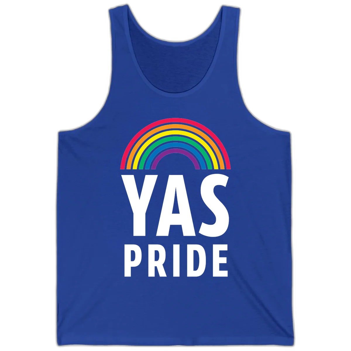 Yas pride rainbow design featuring colorful concentric rainbow arc above bold white text reading 'YAS PRIDE' on gray background in True Royal