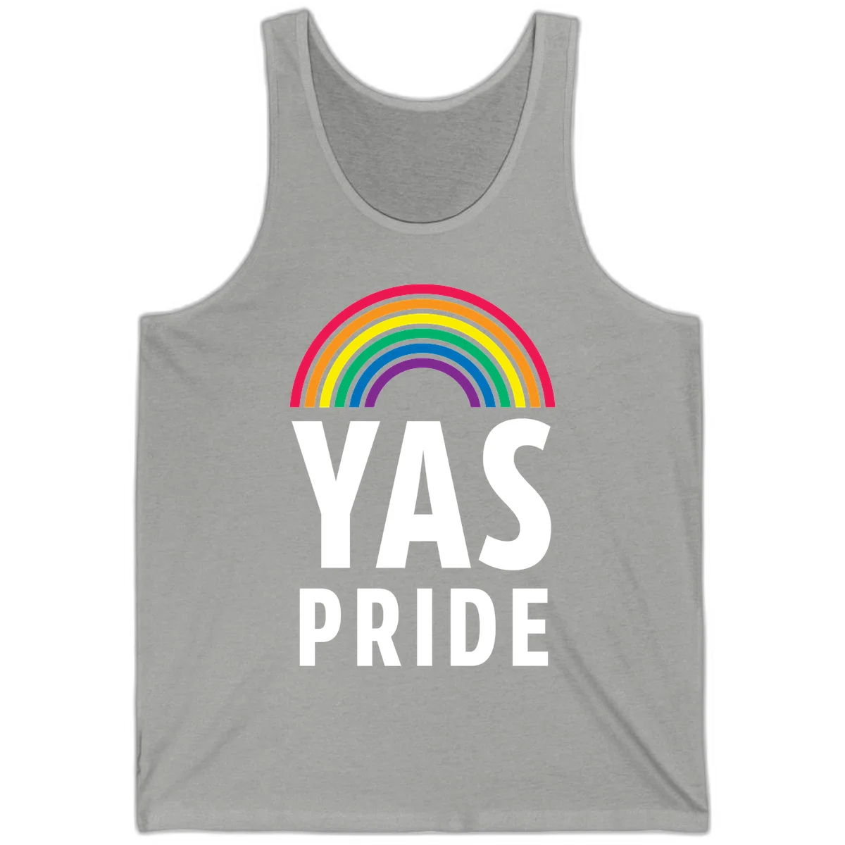 Yas pride rainbow design featuring colorful concentric rainbow arc above bold white text reading 'YAS PRIDE' on gray background in Athletic Heather