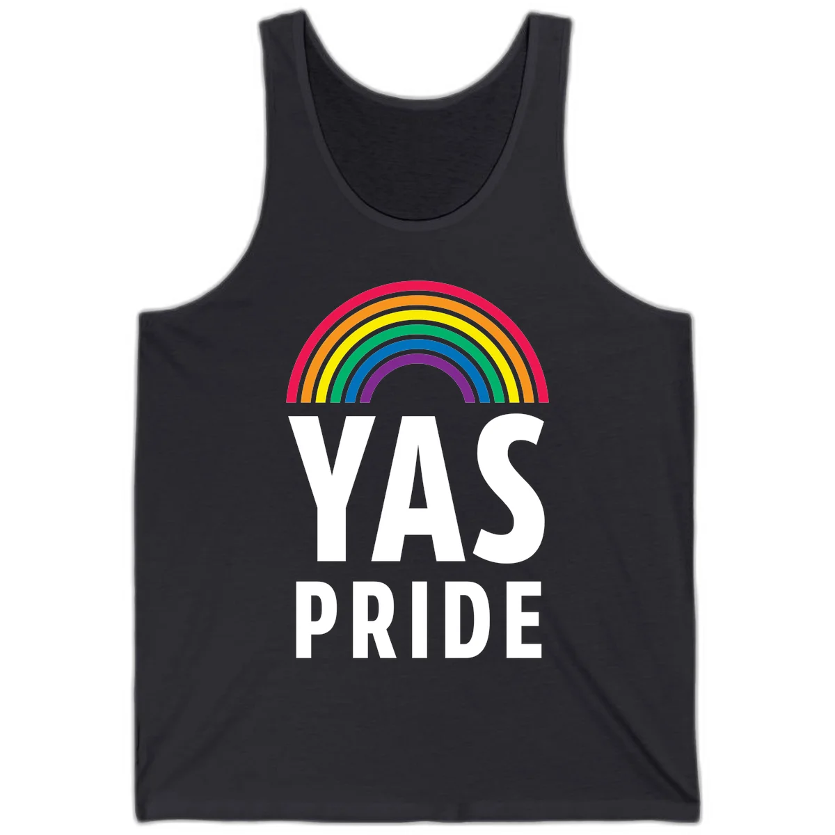 Yas pride rainbow design featuring colorful concentric rainbow arc above bold white text reading 'YAS PRIDE' on gray background in Dark Grey