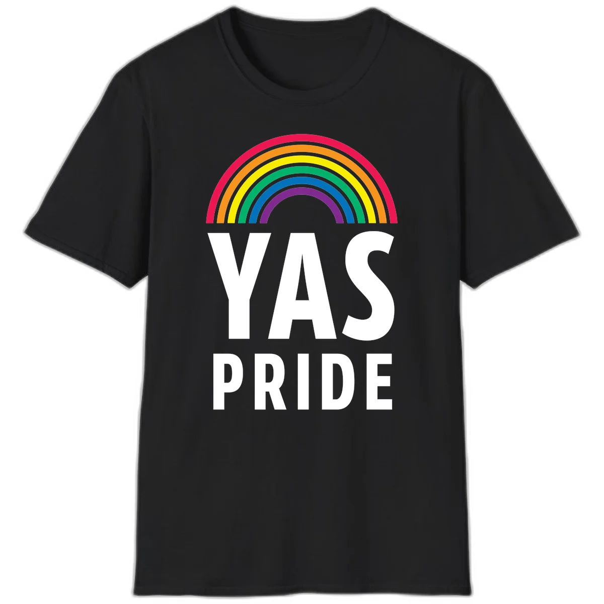 Yas pride rainbow design featuring colorful concentric rainbow arc above bold white text reading 'YAS PRIDE' on gray background in Black