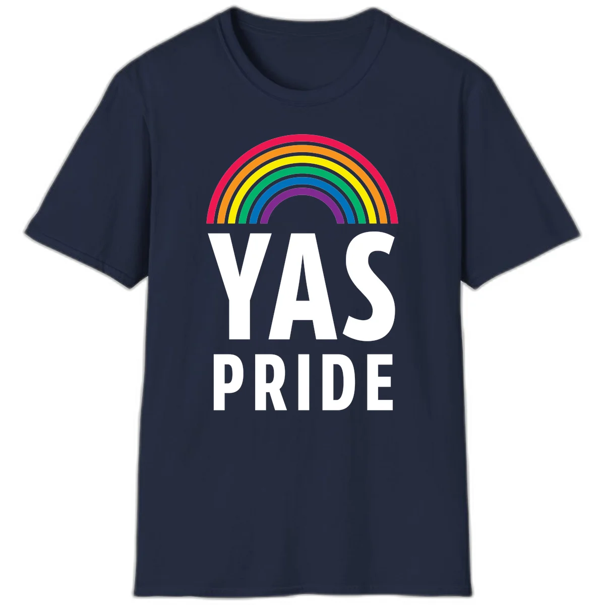 Yas pride rainbow design featuring colorful concentric rainbow arc above bold white text reading 'YAS PRIDE' on gray background in Navy