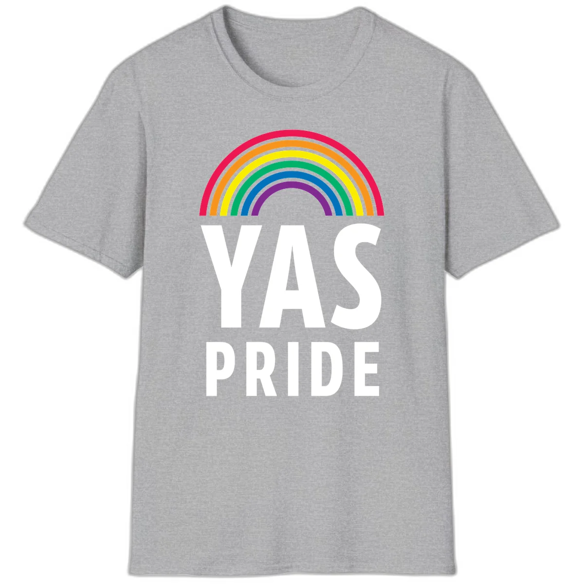 Yas pride rainbow design featuring colorful concentric rainbow arc above bold white text reading 'YAS PRIDE' on gray background in Sport Grey