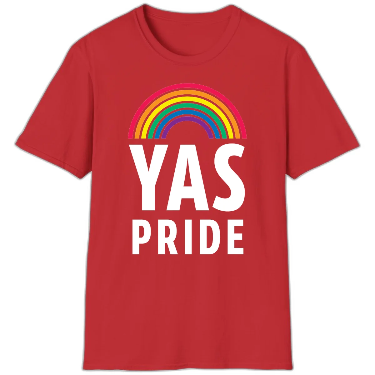 Yas pride rainbow design featuring colorful concentric rainbow arc above bold white text reading 'YAS PRIDE' on gray background in Red
