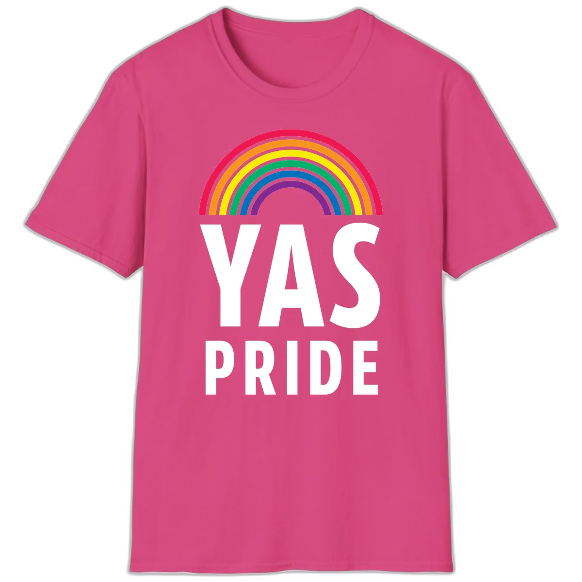 Yas pride rainbow design featuring colorful concentric rainbow arc above bold white text reading 'YAS PRIDE' on gray background in Heliconia