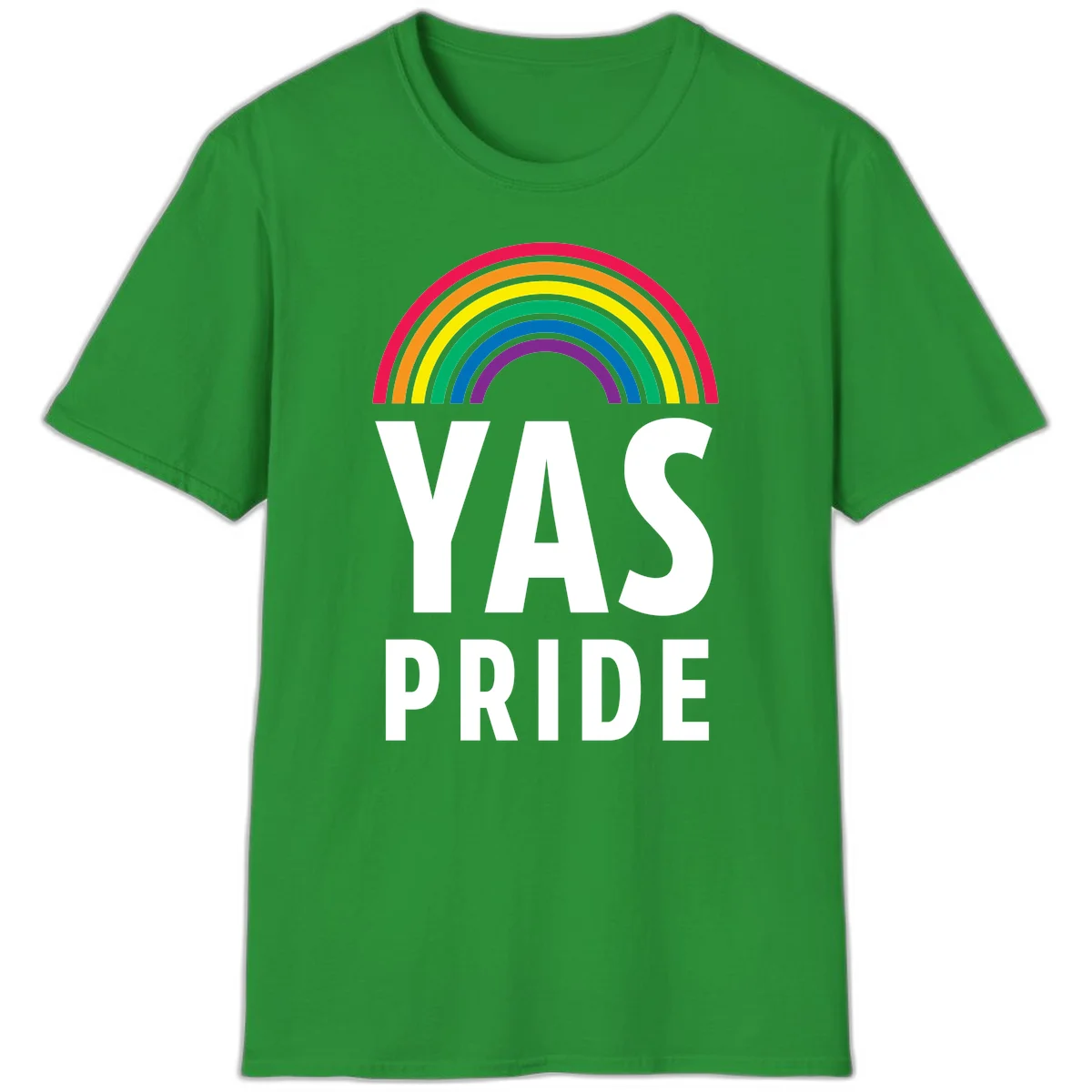 Yas pride rainbow design featuring colorful concentric rainbow arc above bold white text reading 'YAS PRIDE' on gray background in Irish Green