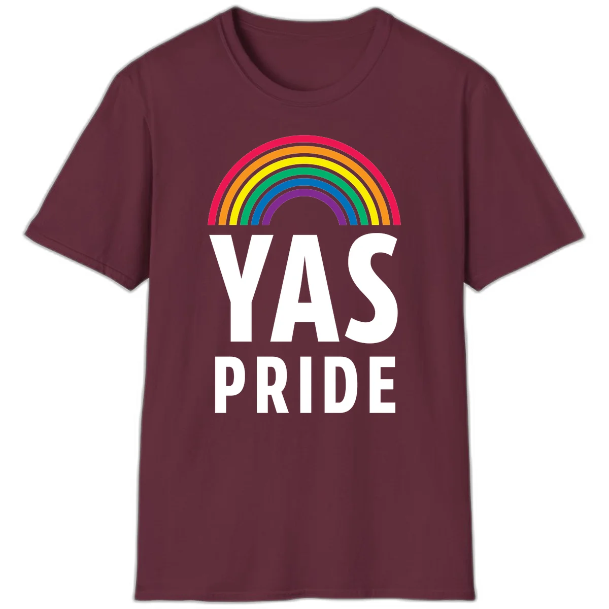 Yas pride rainbow design featuring colorful concentric rainbow arc above bold white text reading 'YAS PRIDE' on gray background in Maroon