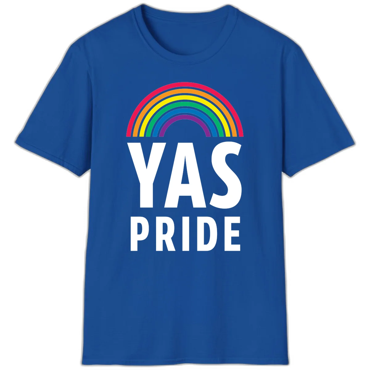 Yas pride rainbow design featuring colorful concentric rainbow arc above bold white text reading 'YAS PRIDE' on gray background in Royal