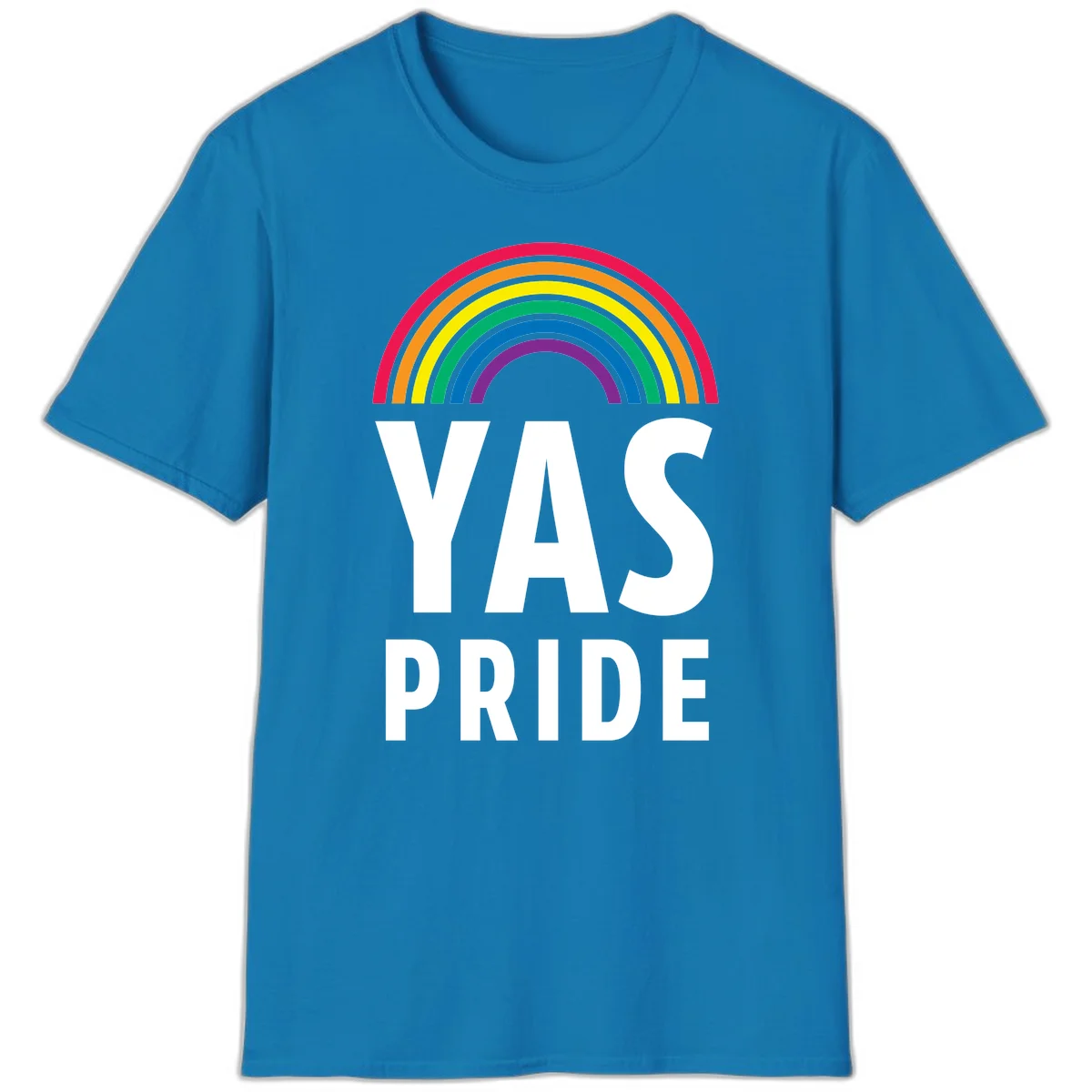 Yas pride rainbow design featuring colorful concentric rainbow arc above bold white text reading 'YAS PRIDE' on gray background in Sapphire