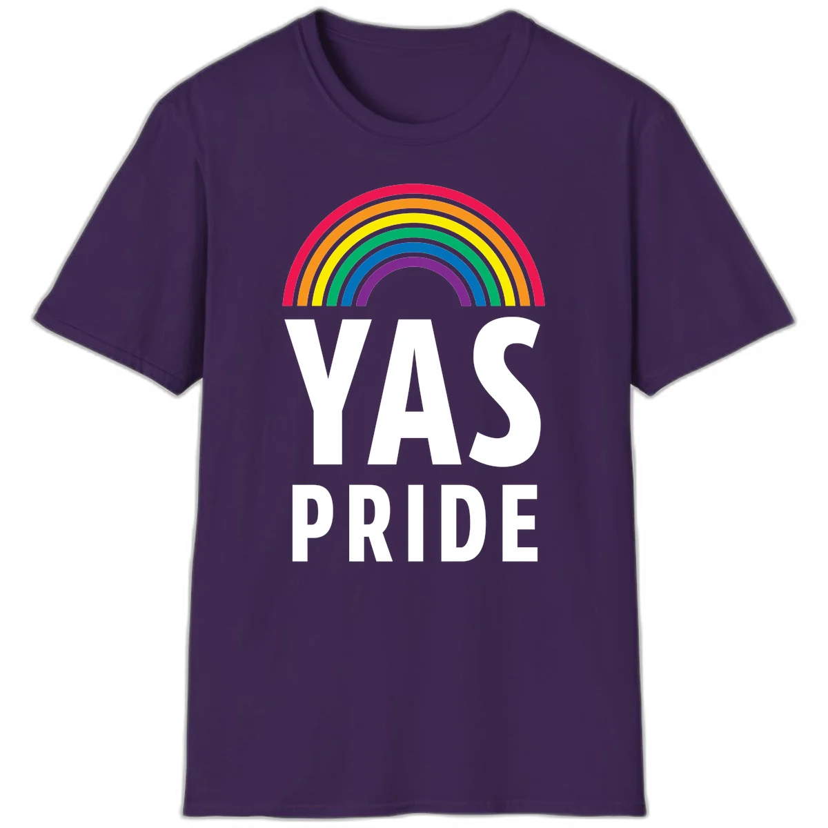 Yas pride rainbow design featuring colorful concentric rainbow arc above bold white text reading 'YAS PRIDE' on gray background in Purple