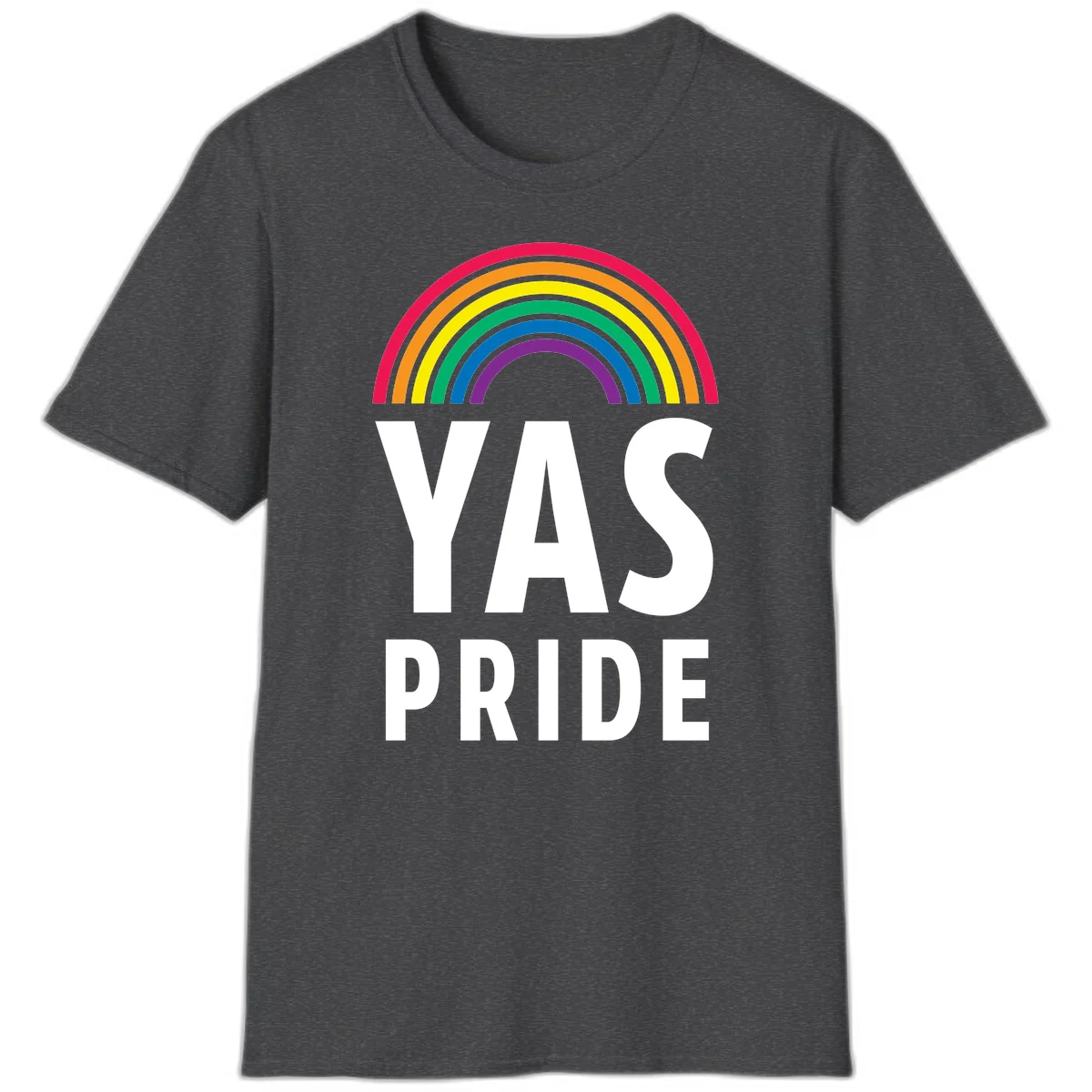 Yas pride rainbow design featuring colorful concentric rainbow arc above bold white text reading 'YAS PRIDE' on gray background in Dark Heather