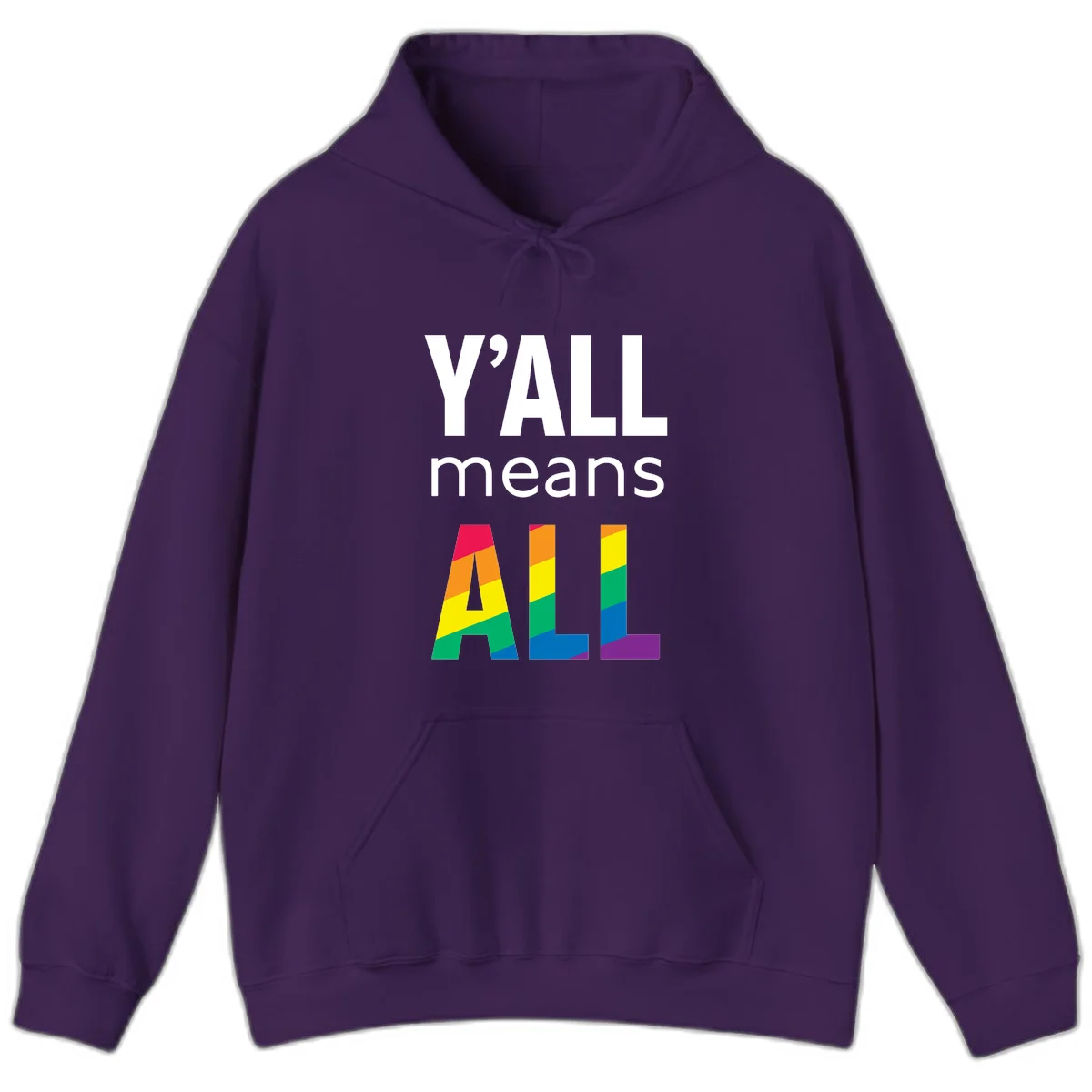 Y'all Means All Pride design with rainbow gradient striped letters spelling ALL in pride flag colors in Purple
