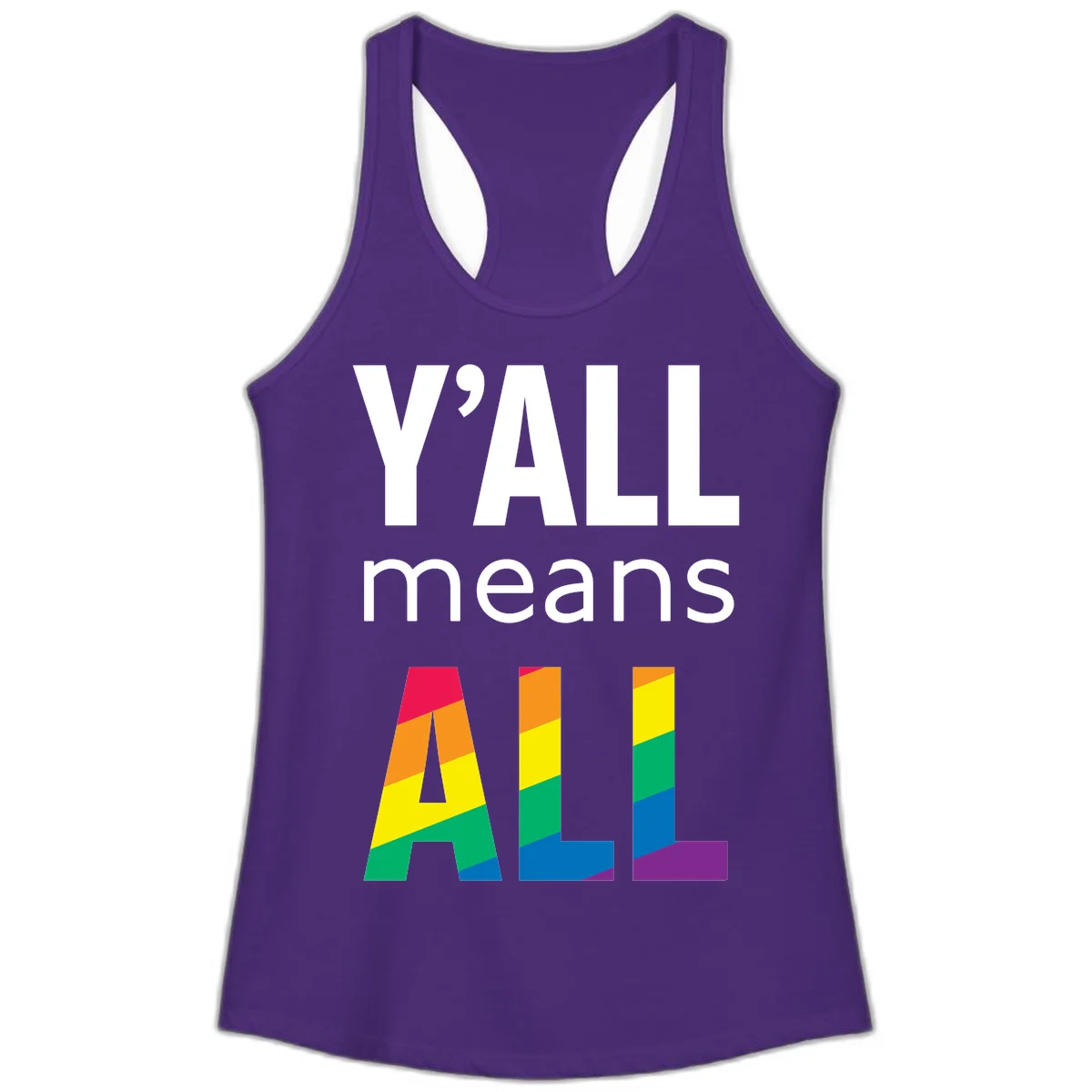 Y'all Means All Pride design with rainbow gradient striped letters spelling ALL in pride flag colors in Solid Purple Rush