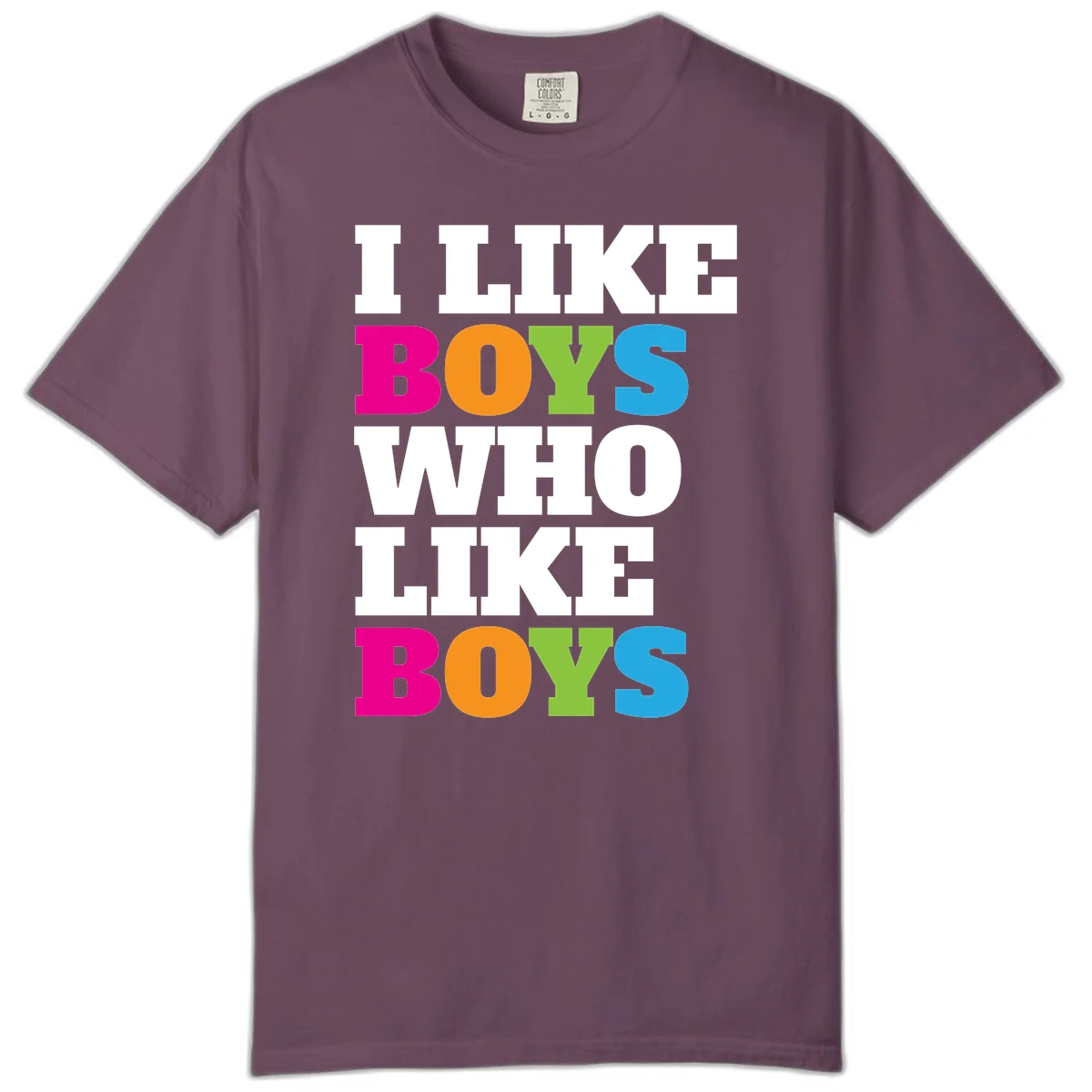 Colorful text design reading 'I Like Boys Who Like Boys' in magenta, orange, lime green, and cyan letters on gray background in Berry