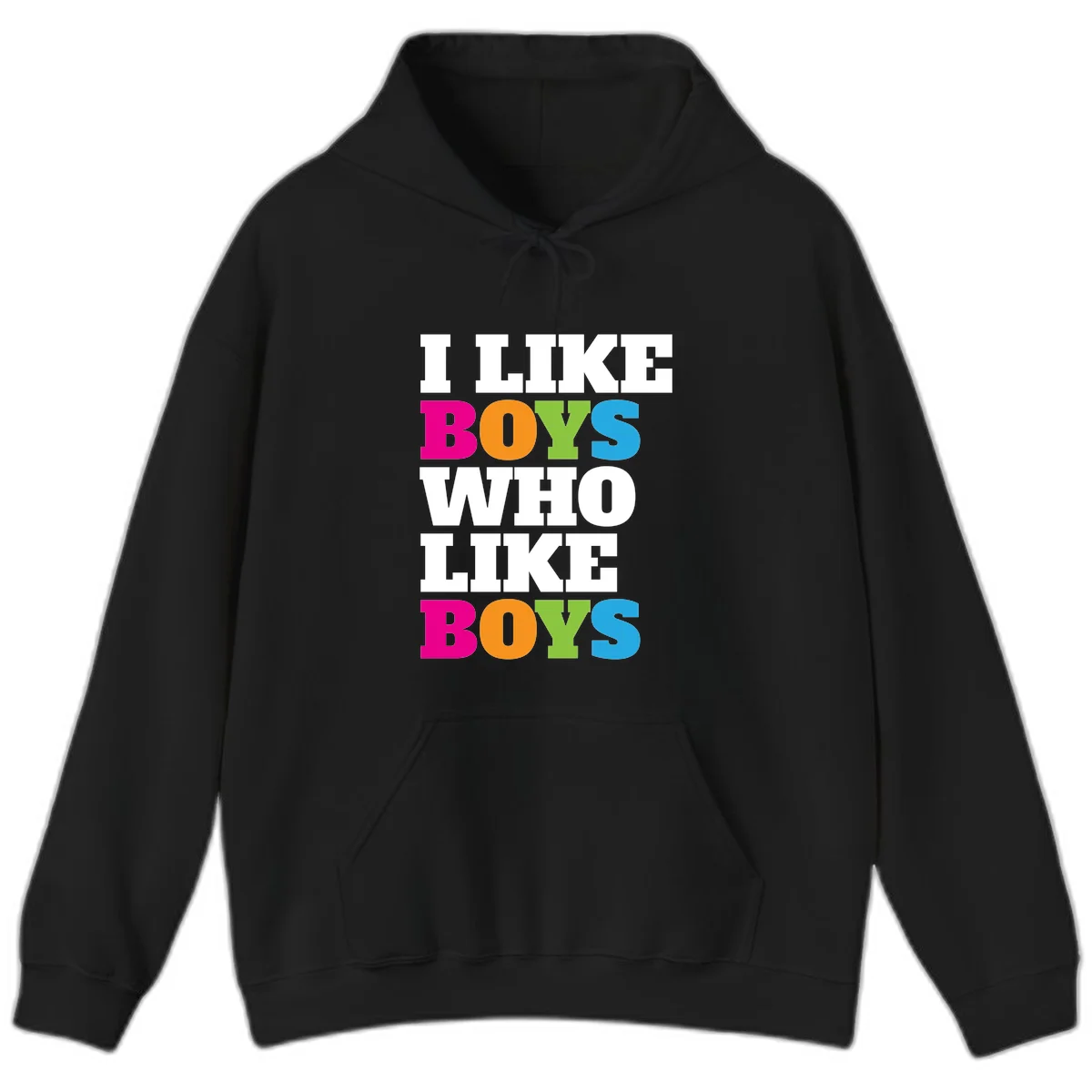 Colorful text design reading 'I Like Boys Who Like Boys' in magenta, orange, lime green, and cyan letters on gray background in Black