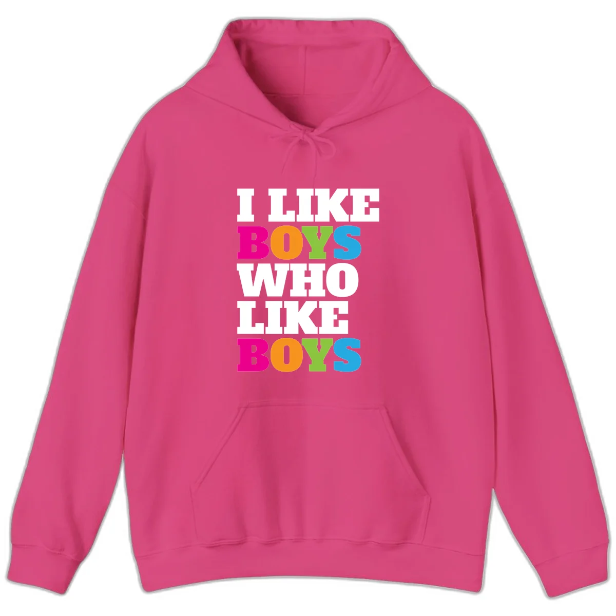 Colorful text design reading 'I Like Boys Who Like Boys' in magenta, orange, lime green, and cyan letters on gray background in Heliconia