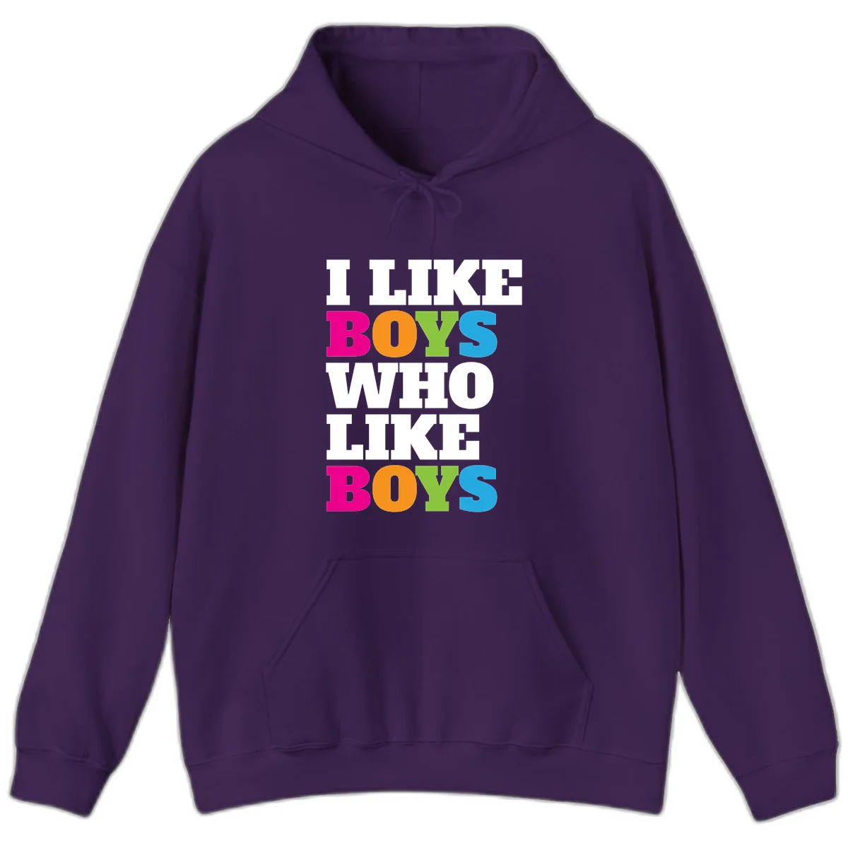 Colorful text design reading 'I Like Boys Who Like Boys' in magenta, orange, lime green, and cyan letters on gray background in Purple