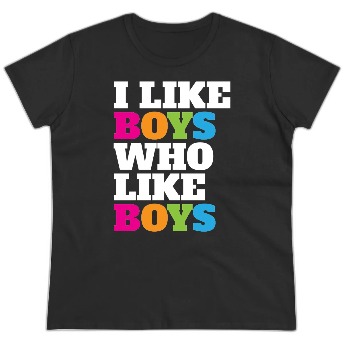 Colorful text design reading 'I Like Boys Who Like Boys' in magenta, orange, lime green, and cyan letters on gray background in Black