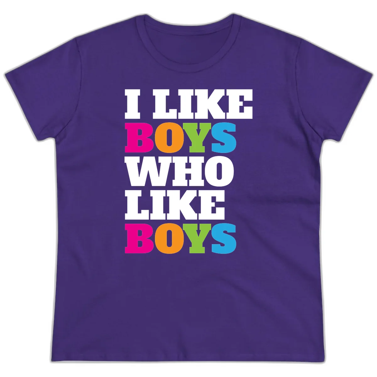 Colorful text design reading 'I Like Boys Who Like Boys' in magenta, orange, lime green, and cyan letters on gray background in Purple