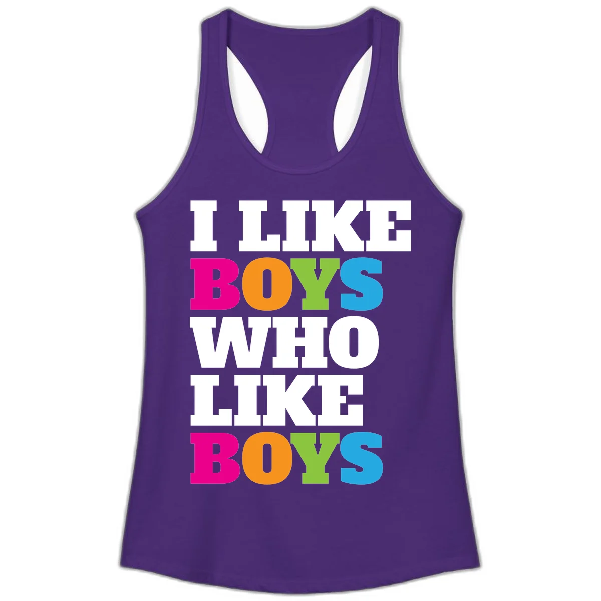 Colorful text design reading 'I Like Boys Who Like Boys' in magenta, orange, lime green, and cyan letters on gray background in Solid Purple Rush