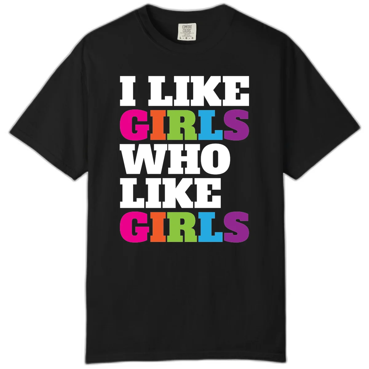 Bold colorful text reading 'Think Girls Who Like Girls' with each word in different pride colors on gray background in Black