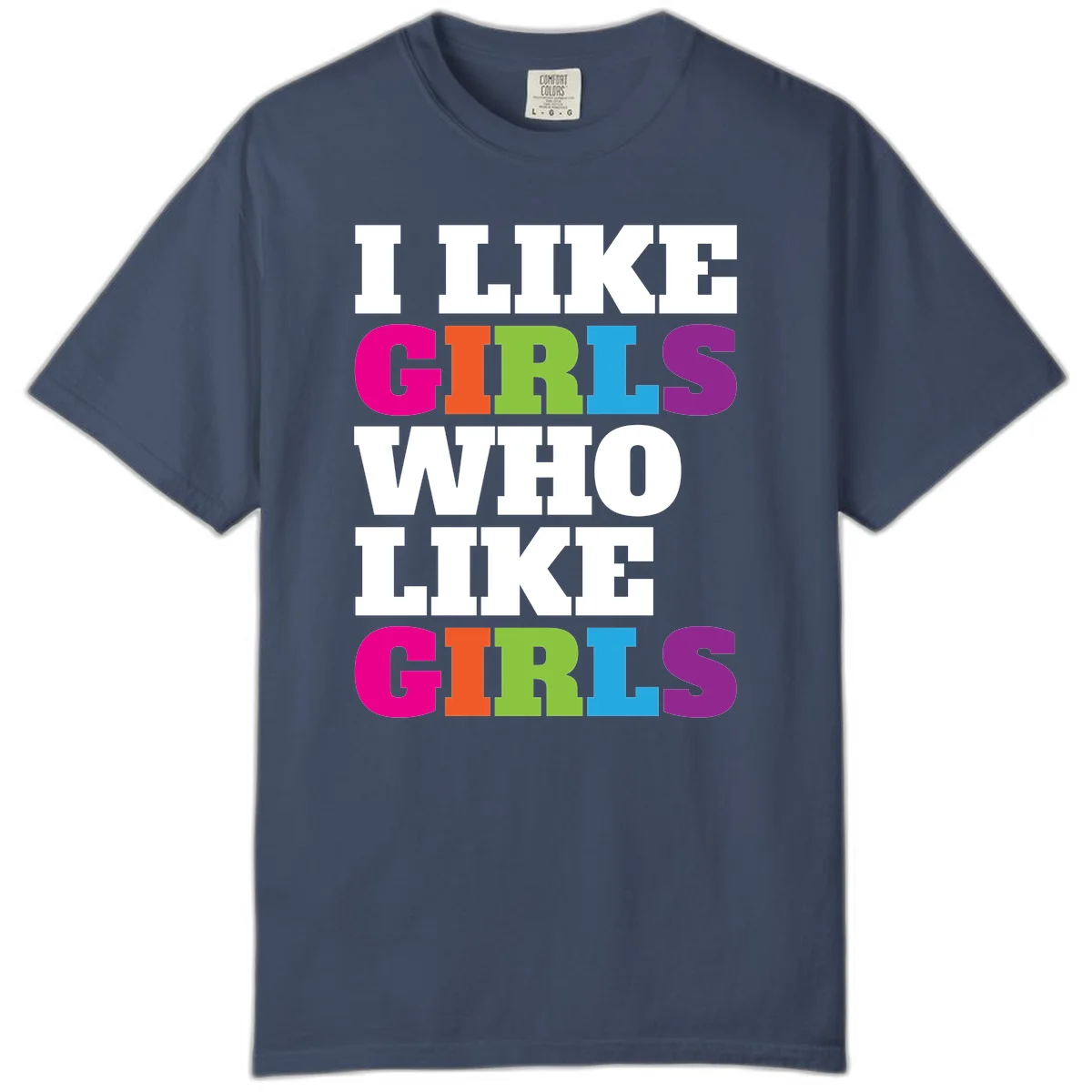 Bold colorful text reading 'Think Girls Who Like Girls' with each word in different pride colors on gray background in Midnight