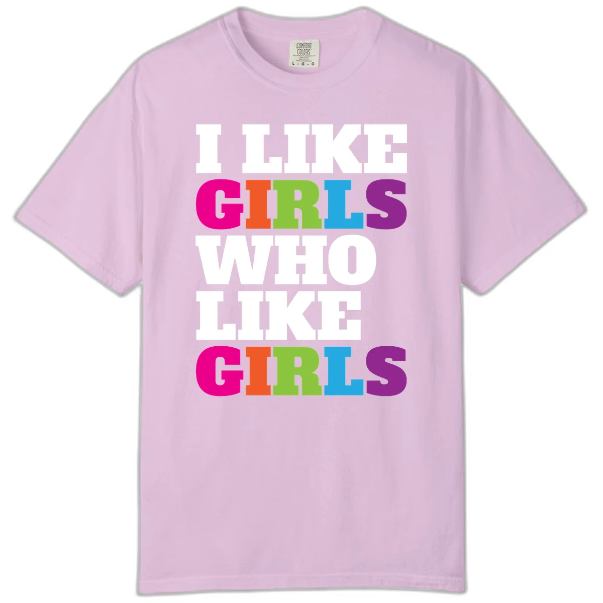 Bold colorful text reading 'Think Girls Who Like Girls' with each word in different pride colors on gray background in Orchid