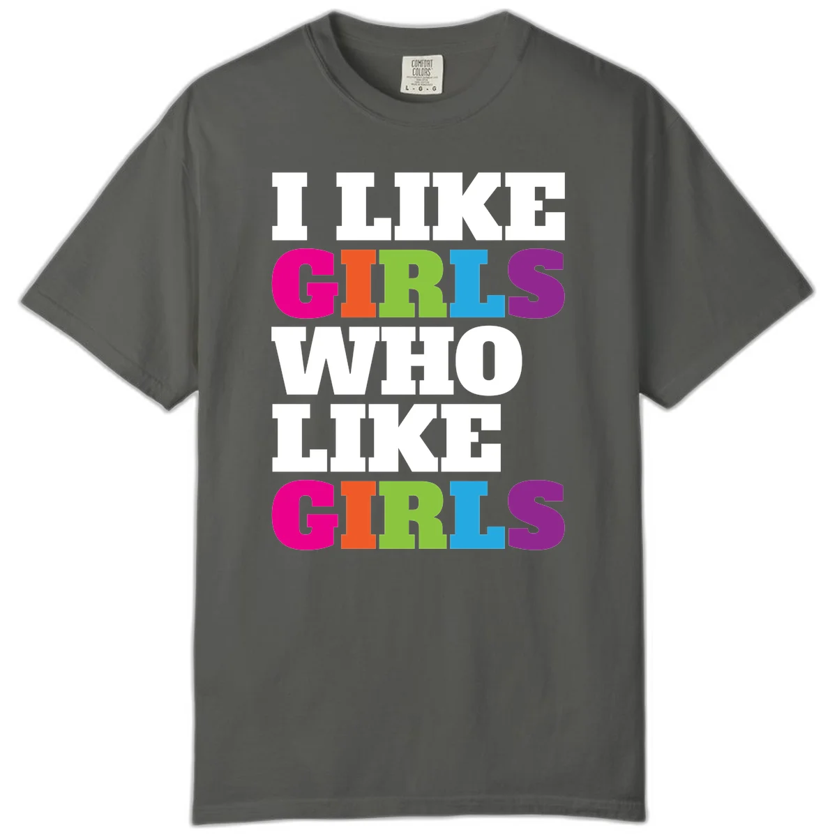 Bold colorful text reading 'Think Girls Who Like Girls' with each word in different pride colors on gray background in Pepper