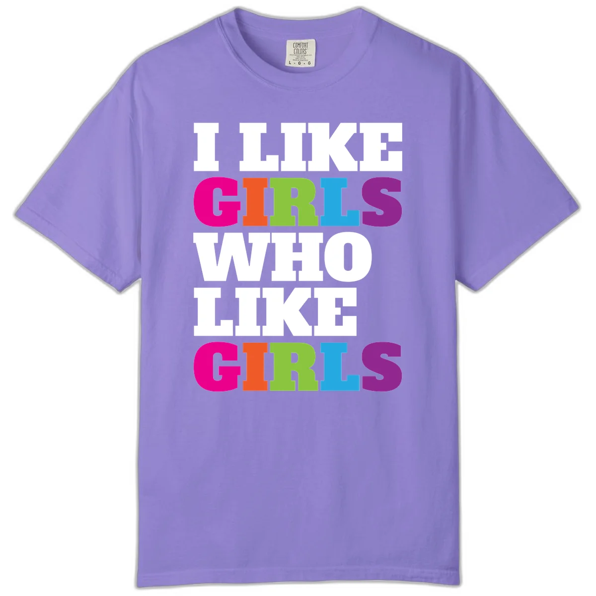 Bold colorful text reading 'Think Girls Who Like Girls' with each word in different pride colors on gray background in Violet