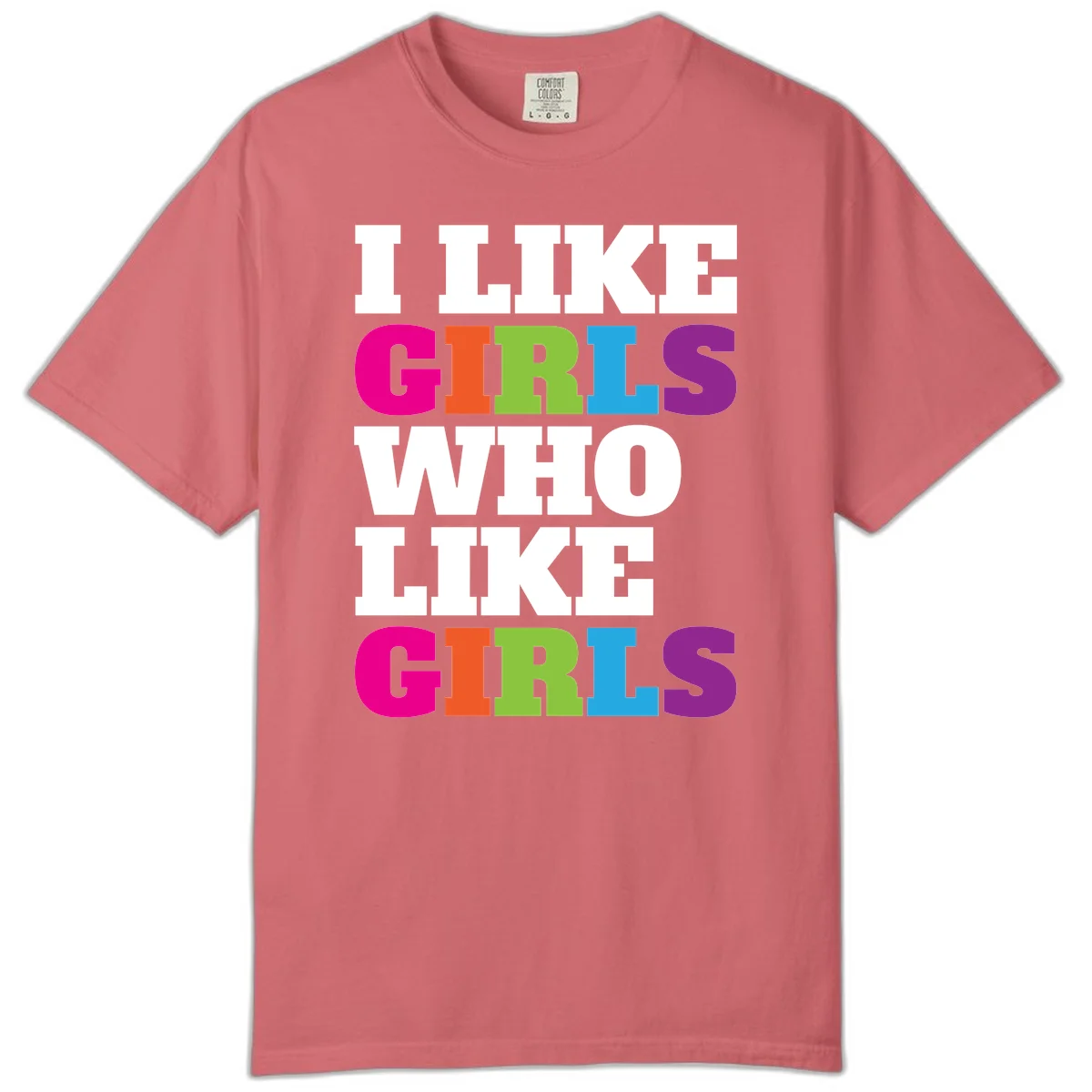 Bold colorful text reading 'Think Girls Who Like Girls' with each word in different pride colors on gray background in Watermelon